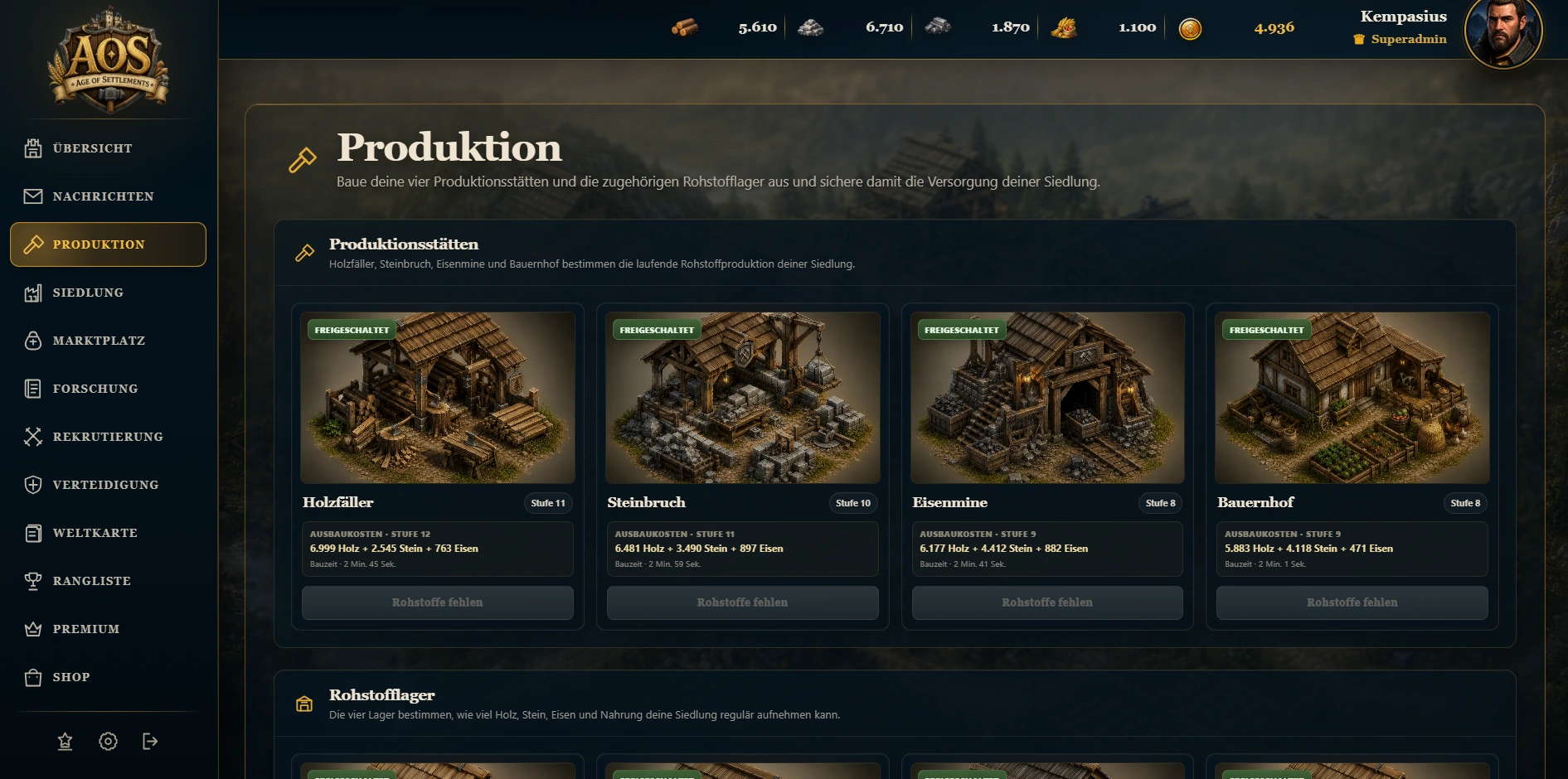 Age of Settlements: Rohstoffproduktion mit Holzfäller, Steinbruch und Eisenmine